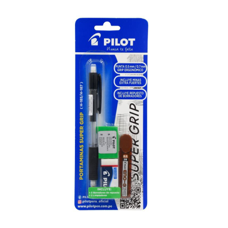 Portaminas Pilot Super Grip H-185 0.5 Mm Negro + Minas + Borrador + Repuestos